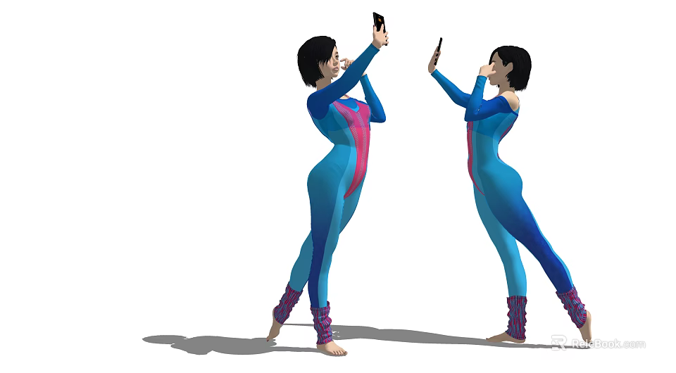 Two Women In Blue And Pink Bodysuits With Purple Leg Warmers Taking Selfies 3d model 