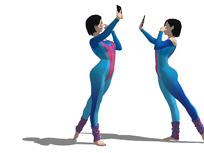 Two Women In Blue And Pink Bodysuits With Purple Leg Warmers Taking Selfies 3d model