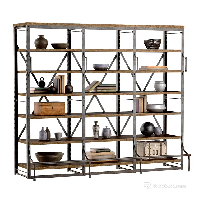 Industrial Metal Frame Shelf Unit With Wooden Shelves Books Clay Pots And Bowls 3d model 