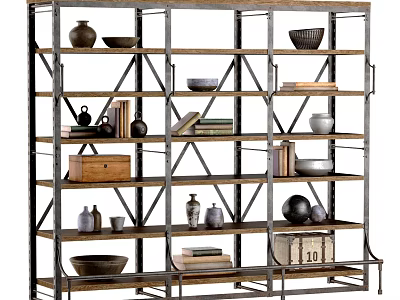 Industrial Metal Frame Shelf Unit With Wooden Shelves Books Clay Pots And Bowls 3d model