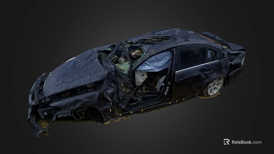 Wrecked Car After Severe Accident Showing Major Damage And Broken Parts 3d model 