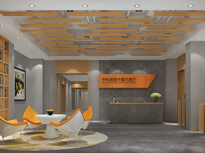Technology City Senior University Lobby Interior Design With Reception Desk Orange Chairs And Ceiling Decor 3d model