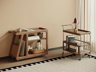 Wooden And Metal Rolling Storage Carts With Books Lamps And Baskets In Living Room 3d model