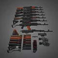 Various Military Weapons Display Including Rifles With Wooden Stocks And Metal Parts