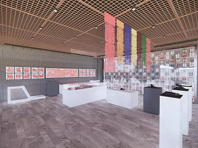Modern Exhibition Space Interior With Lattice Ceiling Colorful Banners Red Artworks And White Display Counters 3d model