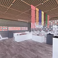 Modern Exhibition Space Interior With Lattice Ceiling Colorful Banners Red Artworks And White Display Counters