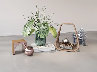 Decorative Ornament Set With Green Plant Vase Wicker Basket Metal Balls Geometric Ornaments And Sculpture 3d model