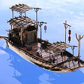 Traditional Wooden Boat with Bamboo Roof Red Lanterns and Reflection on Calm Water