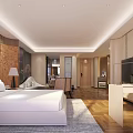 Hotel Guest Room Interior With King Size Bed Sofa TV And Floor To Ceiling Windows