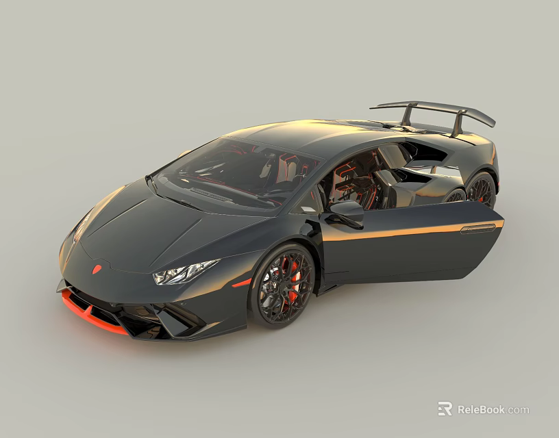 Black Sports Car With Open Doors Rear Spoiler Red Wheels And Orange Accents 3d model 