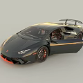 Black Sports Car With Open Doors Rear Spoiler Red Wheels And Orange Accents