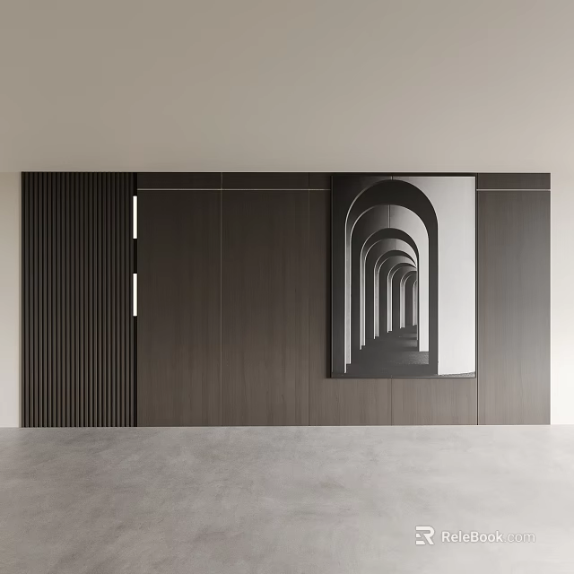 Modern Background Wall With Vertical Slats Dark Wood Panel And Black White Archway Art 3d model 