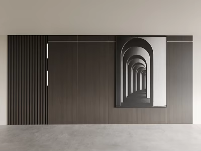 Modern Background Wall With Vertical Slats Dark Wood Panel And Black White Archway Art 3d model
