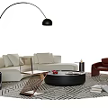Light Sofa and Round Coffee Table Set with Black Floor Lamp Brown Armchair Geometric Rug