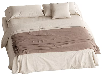 Double Bed with Beige Linen Bedding Brown Layered Bedspread and Soft Pillows for Cozy Bedroom 3d model