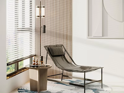 Sleek Black Leather Lounge Chair With Metal Frame Floor Lamp Side Table And Window Blinds 3d model