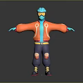 Blue Fictional Creature In Orange Jacket With Yellow Goggles Torn Dark Pants And Arms Outstretched