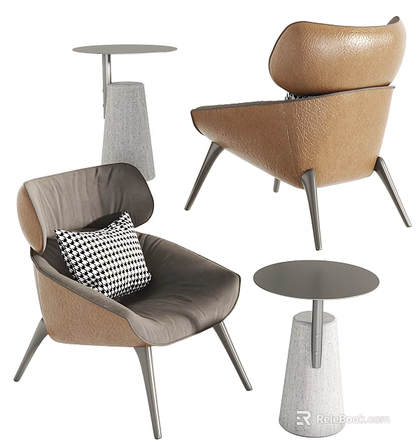 Stylish Modern Seating Set with Brown Gray Leather Chairs and Round Side Table 3d model 