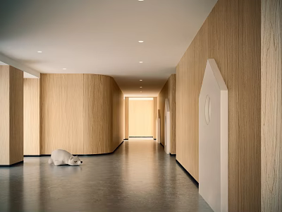 Modern Office Corridor With Wooden Walls Dark Floor Recessed Lights And White Sculpture Design 3d model