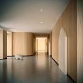 Modern Office Corridor With Wooden Walls Dark Floor Recessed Lights And White Sculpture Design