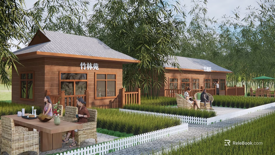 Wooden House in Bamboo Grove with Green Grass Lawn and White Picket Fence 3d model 