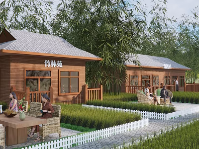 Wooden House in Bamboo Grove with Green Grass Lawn and White Picket Fence 3d model