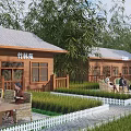 Wooden House in Bamboo Grove with Green Grass Lawn and White Picket Fence