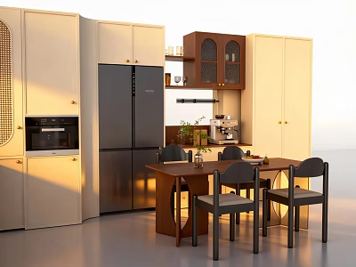 Modern Restaurant Interior With Open Kitchen Cabinets Dining Table And Chairs 3d model