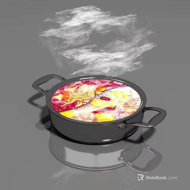 Cookware Set Hot Pot With Two Handles Boiling Ingredients And Rising Steam 3d model 