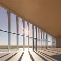Modern Building With Glass Curtain Wall At Dusk Overlooking Sea View