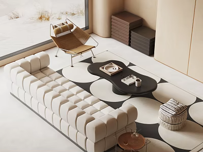 White Tufted Sofa and Black Coffee Table Set with Round Rug and Brown Accent Chair 3d model