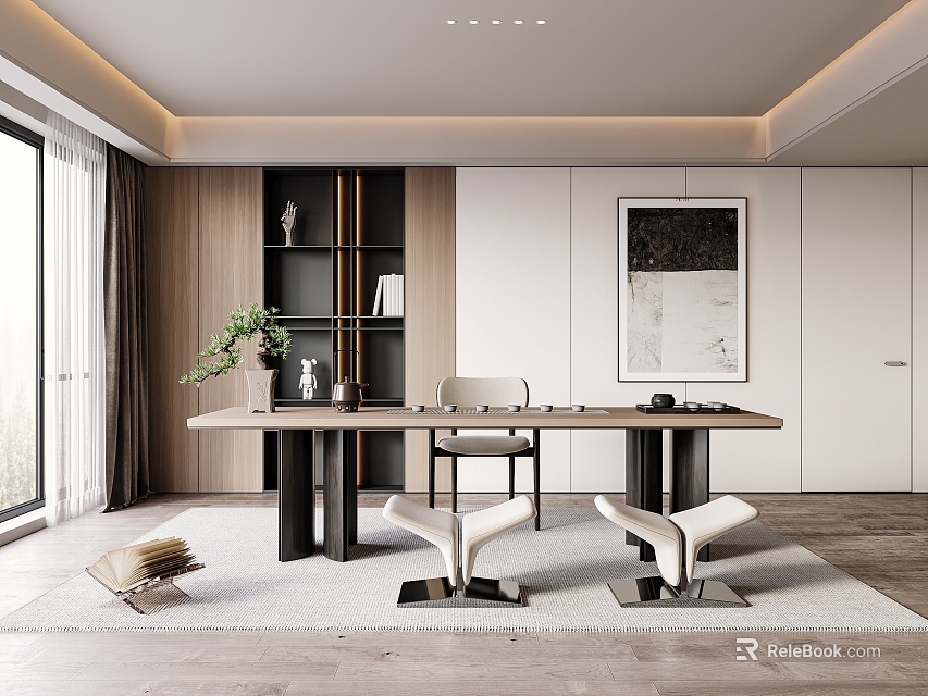 Modern Tea Room Interior With Wooden Shelves Spacious Table Chairs Plants And Natural Light 3d model 