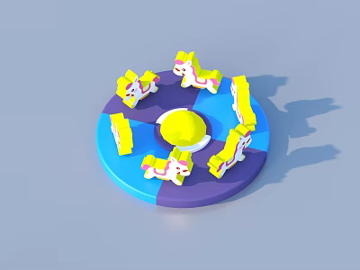 Colorful Kids Carousel Toy with Yellow Ponies Blue Purple Base and Dome Center 3d model