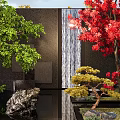 Tranquil Garden Landscape With Red Maple Tree Waterfall Green Trees Pond Rocks And Reflection 3d model