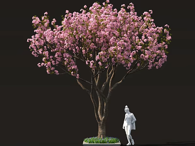 Beautiful Arbor Featuring Pink Blossoms And White Statue On Green Lawn Area 3d model
