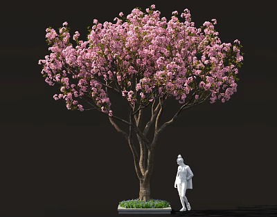 Beautiful Arbor Featuring Pink Blossoms And White Statue On Green Lawn Area 3d model