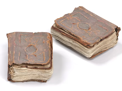 Antique Leather Bound Books With Worn Pages And Intricate Cover Designs 3d model