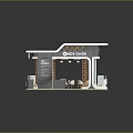 Modern Exhibition Booth With White Roof Wooden Lattice And Interior Tables Chairs