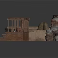 Rustic Wooden Platform Bed With Cloth Pillows Steps And Decorative Lantern Buckets