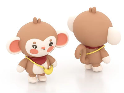 Cute Brown Monkey Plush Toy with Red Cheeks White Ears Yellow Bag Front Back View 3d model