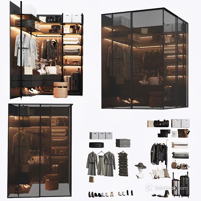 Modern Wardrobe Interior Design With Clothes Shoes Bags Hangers And Shelves 3d model 
