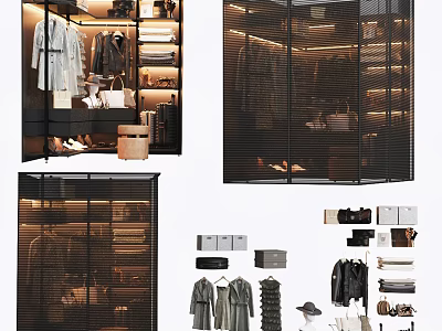 Modern Wardrobe Interior Design With Clothes Shoes Bags Hangers And Shelves 3d model