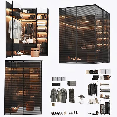 Modern Wardrobe Interior Design With Clothes Shoes Bags Hangers And Shelves 3d model
