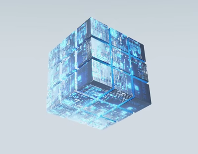 Smart Machine Design with Blue Illuminated Cube and Digital Codes 3d model