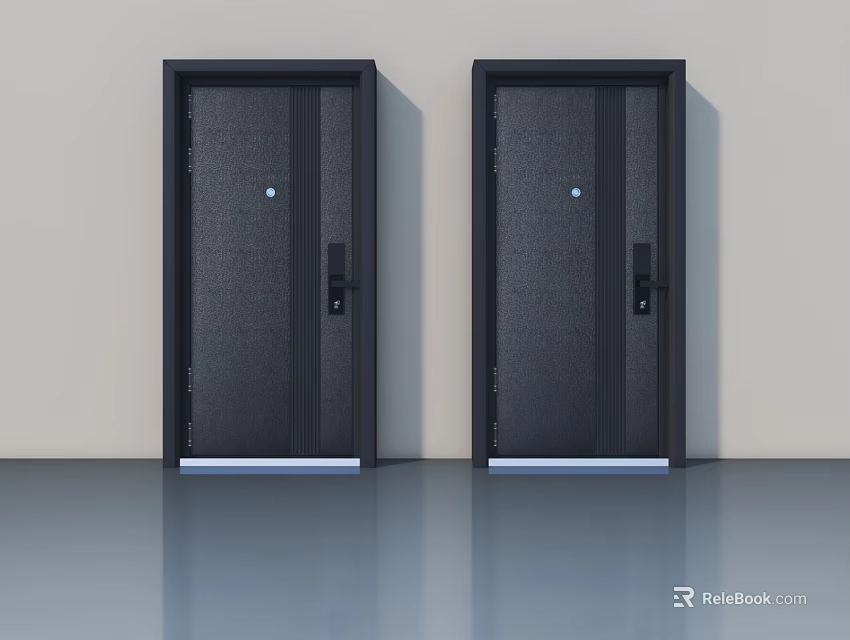 Two Black Hinged Doors With Modern Sleek Design And Light Wall Background 3d model 