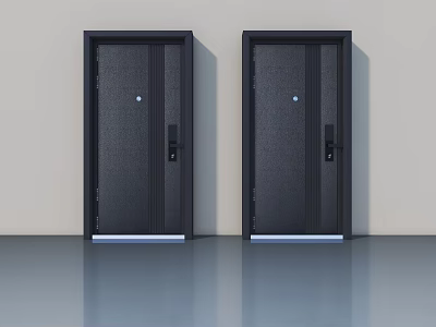 Two Black Hinged Doors With Modern Sleek Design And Light Wall Background 3d model