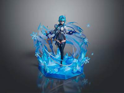 Blue Haired Character And Ice Creature Surrounded By Snowflakes And Crystal Pedestal 3d model
