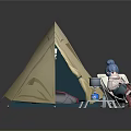 Beige Camping Tent With Folding Chair Gas Stove Sleeping Bag And Person Resting Outdoors