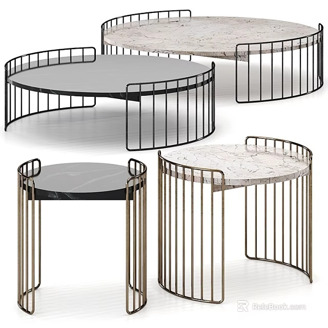 Round Modern Dining Tables With Metal Frames And Marble Tops In Black And Gold 3d model 