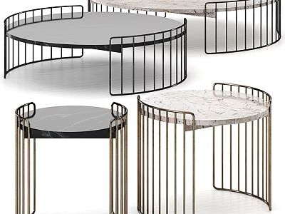 Round Modern Dining Tables With Metal Frames And Marble Tops In Black And Gold 3d model